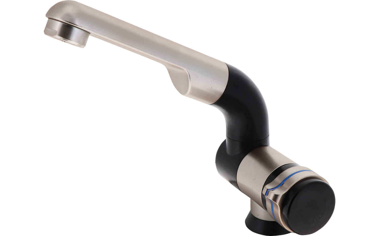 Rubinetto con becco curvo, finitura metallica argentata e raccordo nero con manopola cilindrica e anelli blu