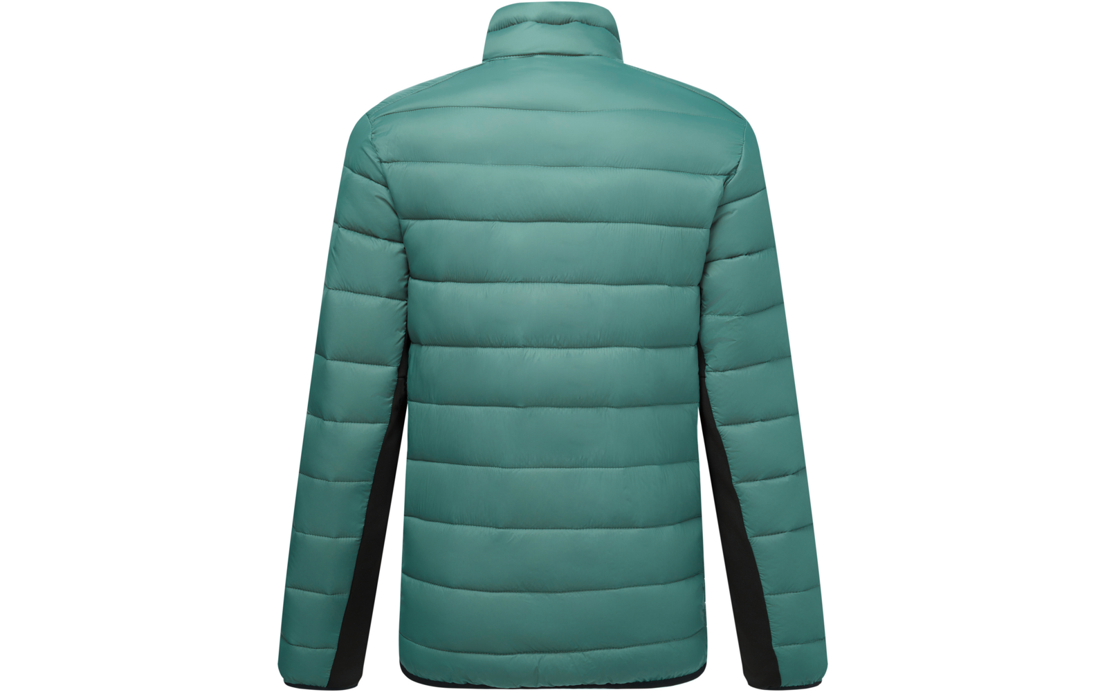 Rückenansicht einer türkisgrünen Steppjacke mit Stehkragen und schwarzen Seiteneinsätzen an den Ärmeln