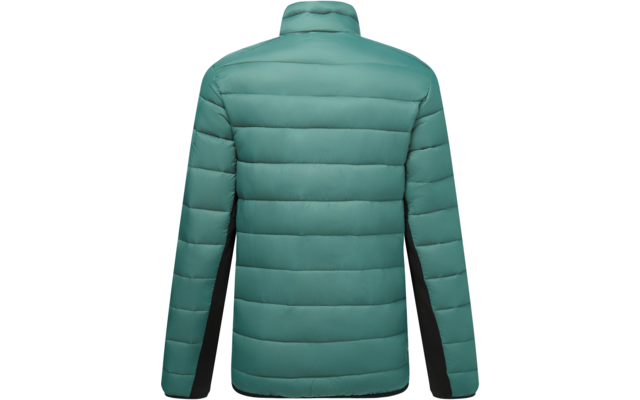 Rückenansicht einer türkisgrünen Steppjacke mit Stehkragen und schwarzen Seiteneinsätzen an den Ärmeln