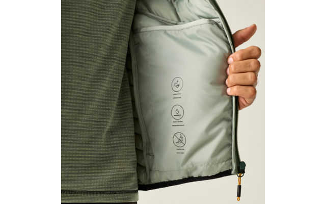 Hand hält eine geöffnete grüne Jacke, sichtbare hellgraue Innenfutterseite mit drei aufgedruckten Symbolen und offenem Reißverschluss mit Zipper