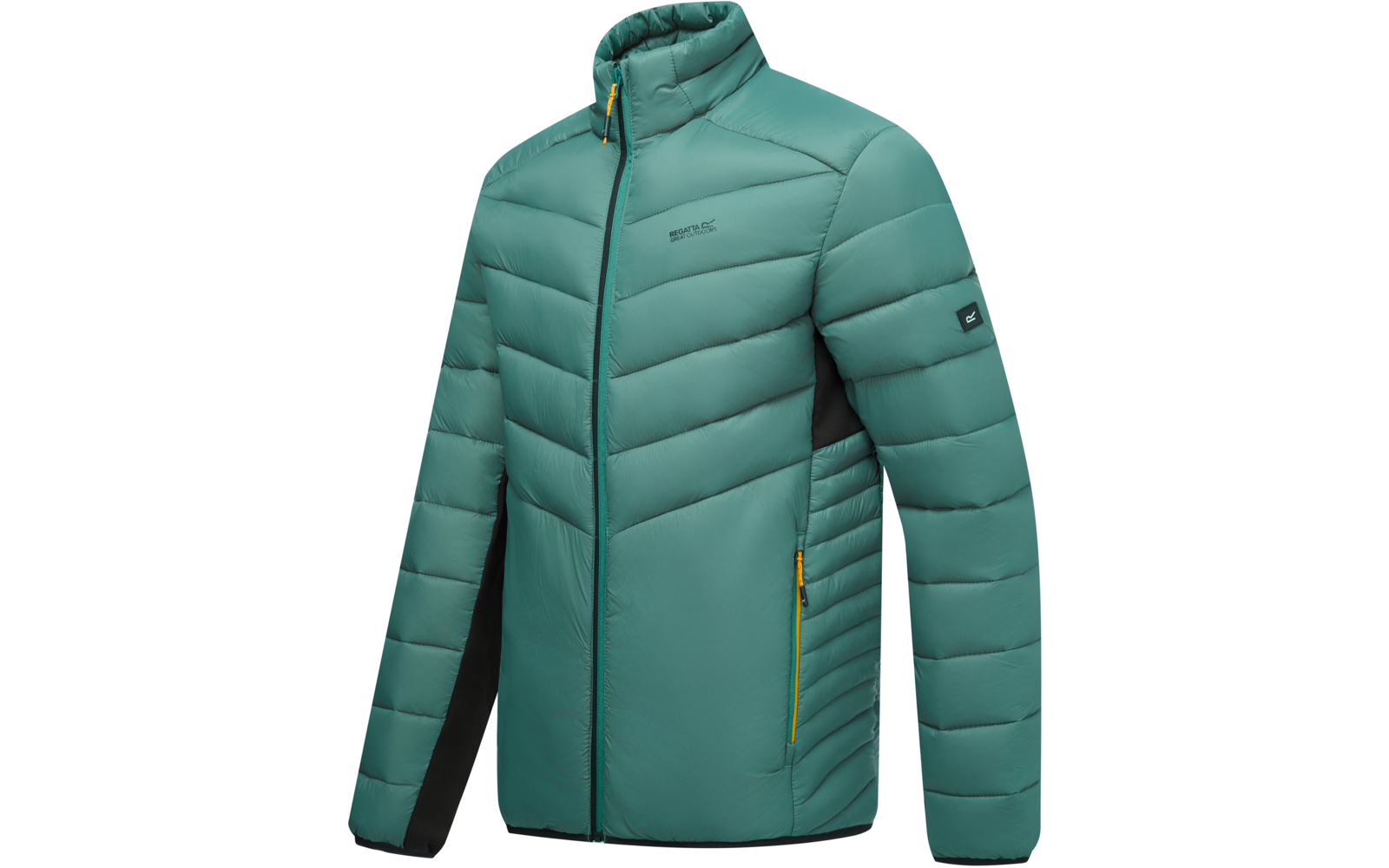 Grün-türkise gesteppte Jacke mit Stehkragen, durchgehendem Reißverschluss, seitlichen Reißverschlusstaschen mit gelben Zippern, dunklen Seiteneinsätzen, kleinem Logo auf der Brust und Patch am linken Ärmel