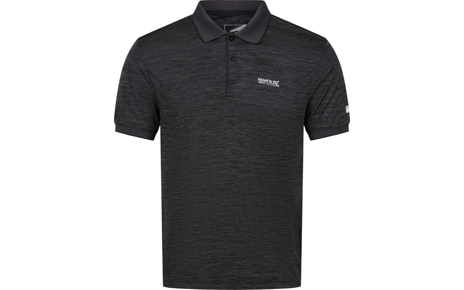 Dark gray heathered polo shirt with short sleeves, three-button placket, and small white logos on the chest and sleeve, on a white background