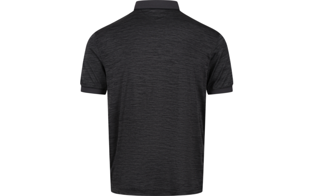 Back view of a dark gray polo shirt on a white background