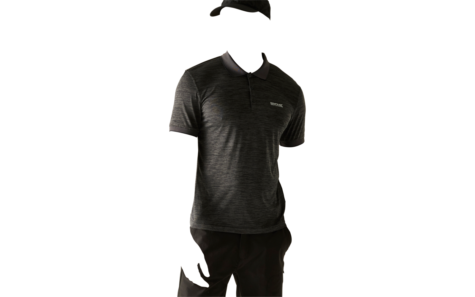 Person wearing a dark gray short-sleeve polo shirt with a small chest logo and a black cap, standing against a plain light background and looking to the side