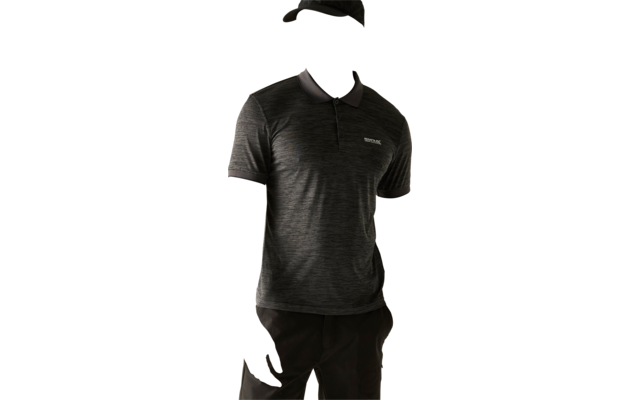 Person wearing a dark gray short-sleeve polo shirt with a small chest logo and a black cap, standing against a plain light background and looking to the side