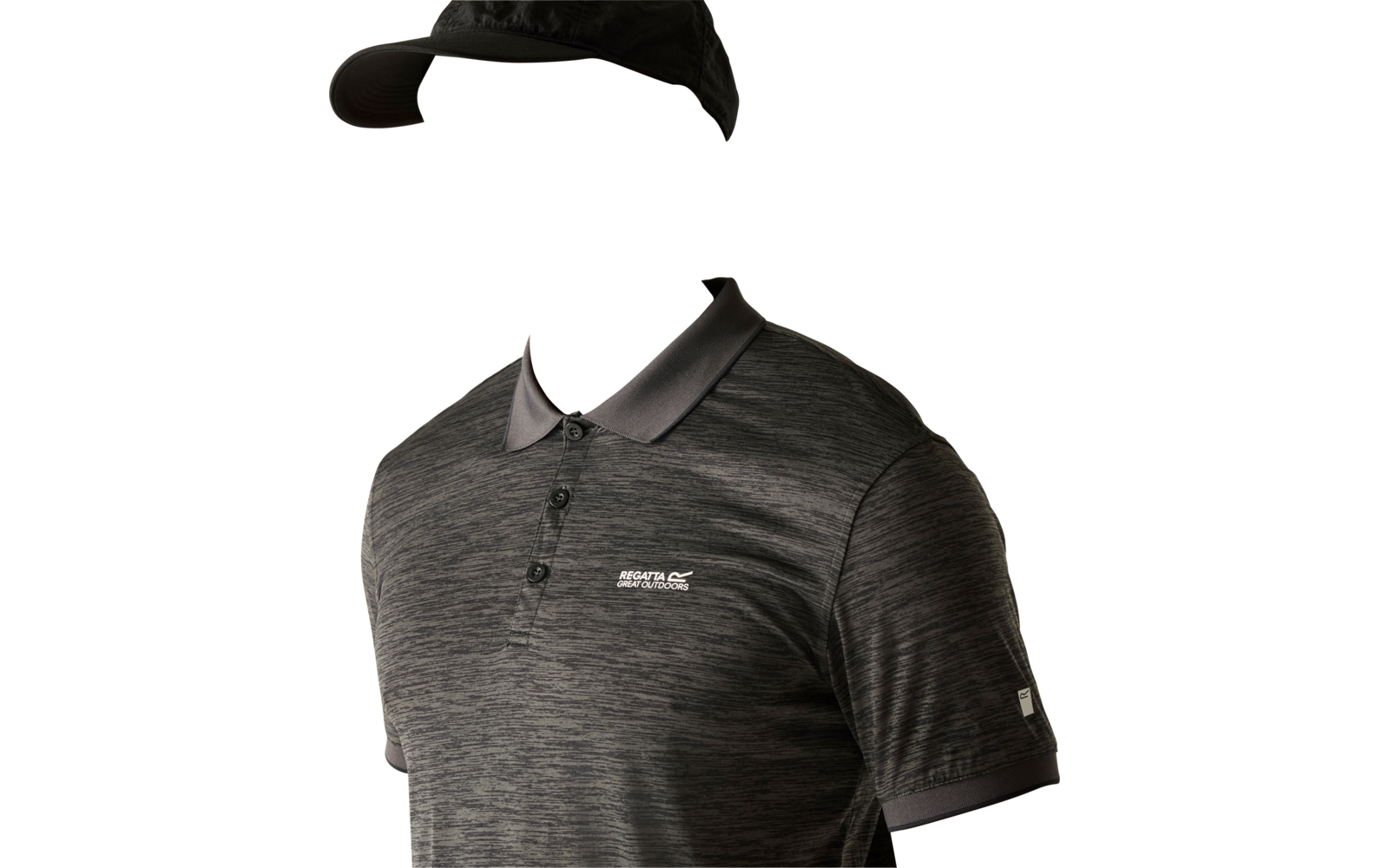 Torso-up portrait of a person wearing a black cap and dark gray polo shirt with a small logo, looking left against a light background