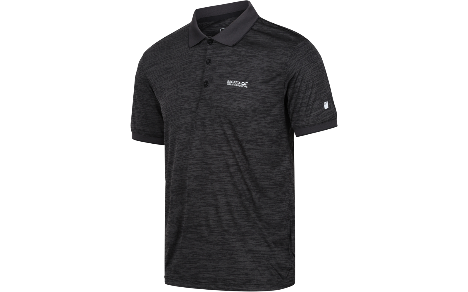 Donkergrijs gemêleerd poloshirt met korte mouwen, drie knopen en klein wit logo op de linkerborst