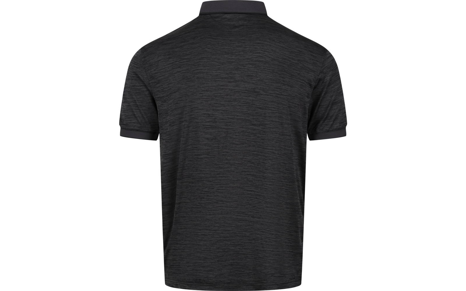 Back view of a dark gray polo shirt on a white background