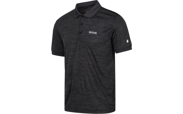 Donkergrijs gemêleerd poloshirt met korte mouwen, drie knopen en klein wit logo op de linkerborst