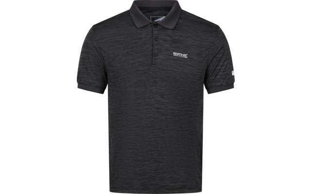 Dark gray heathered polo shirt with short sleeves, three-button placket, and small white logos on the chest and sleeve, on a white background