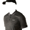 Torso-up portrait of a person wearing a black cap and dark gray polo shirt with a small logo, looking left against a light background