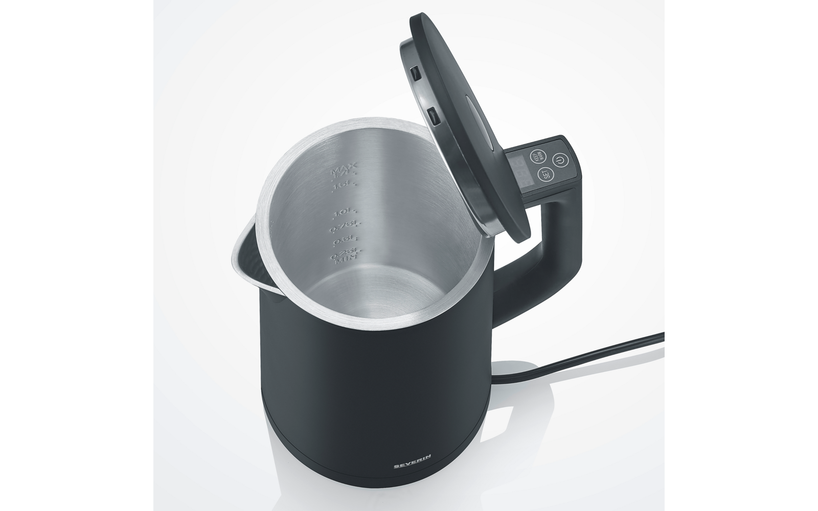 Bollitore elettrico con coperchio aperto