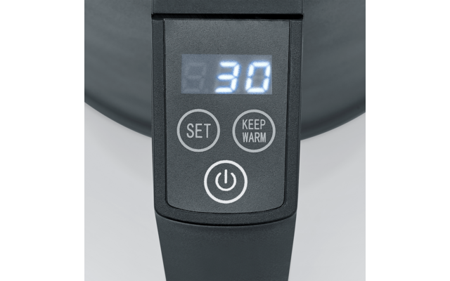 Display di un dispositivo elettronico con i pulsanti SET, KEEP WARM e un pulsante di accensione, mostra il numero 30