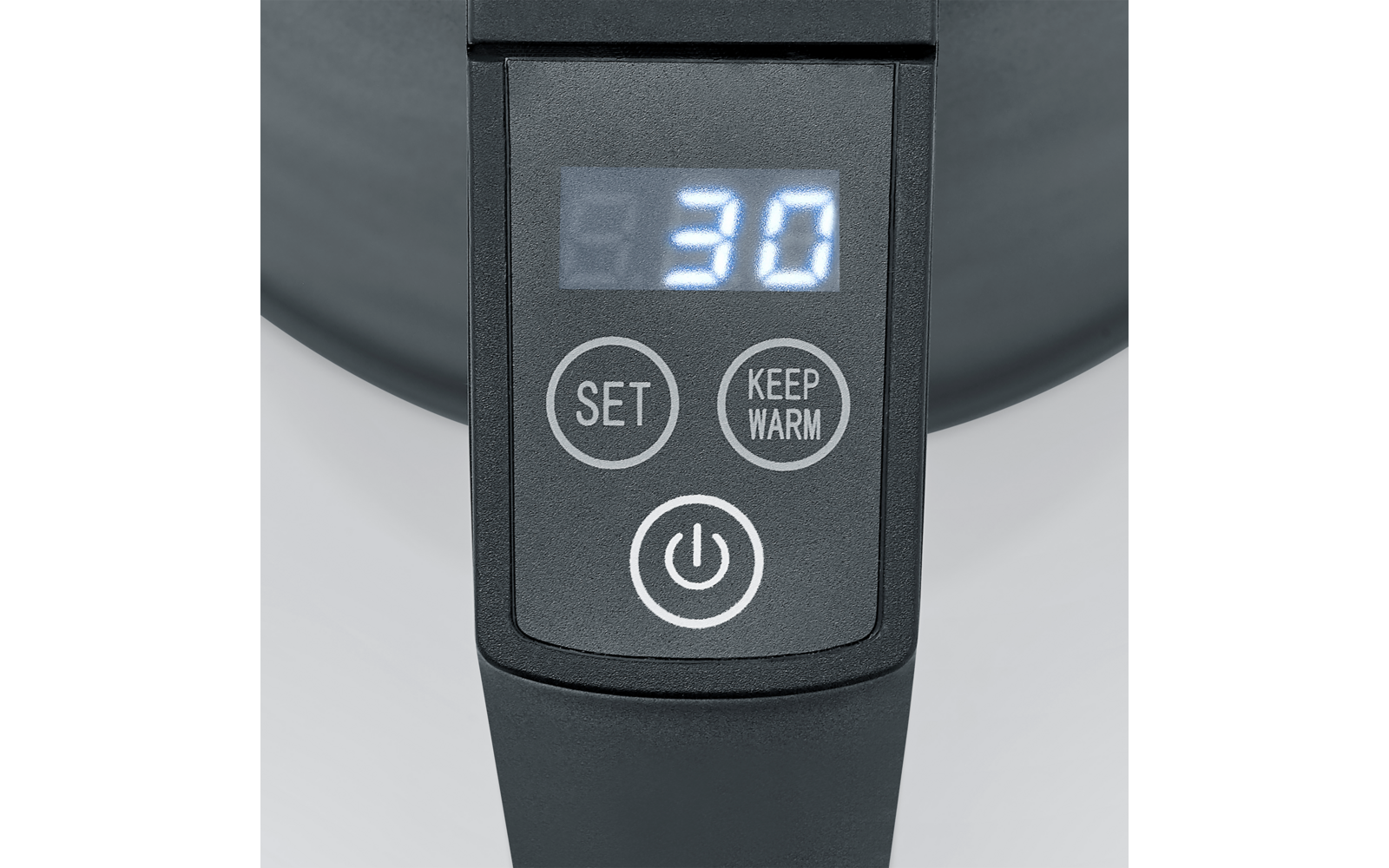 Display di un dispositivo elettronico con i pulsanti SET, KEEP WARM e un pulsante di accensione, mostra il numero 30