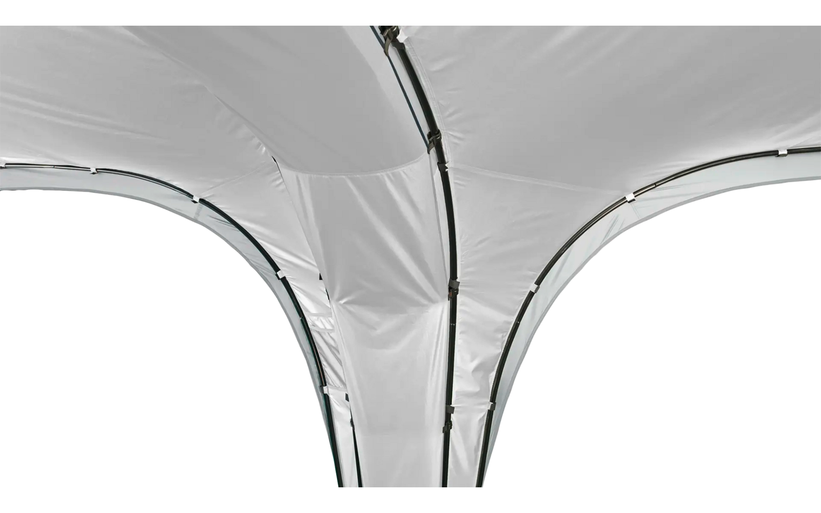 White fabric covering of a tent roof with metallic supports