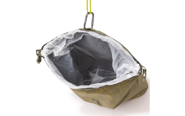 Sac olive ouvert avec doublure intérieure blanche visible, mousqueton attaché à une cordelette jaune à l'ouverture