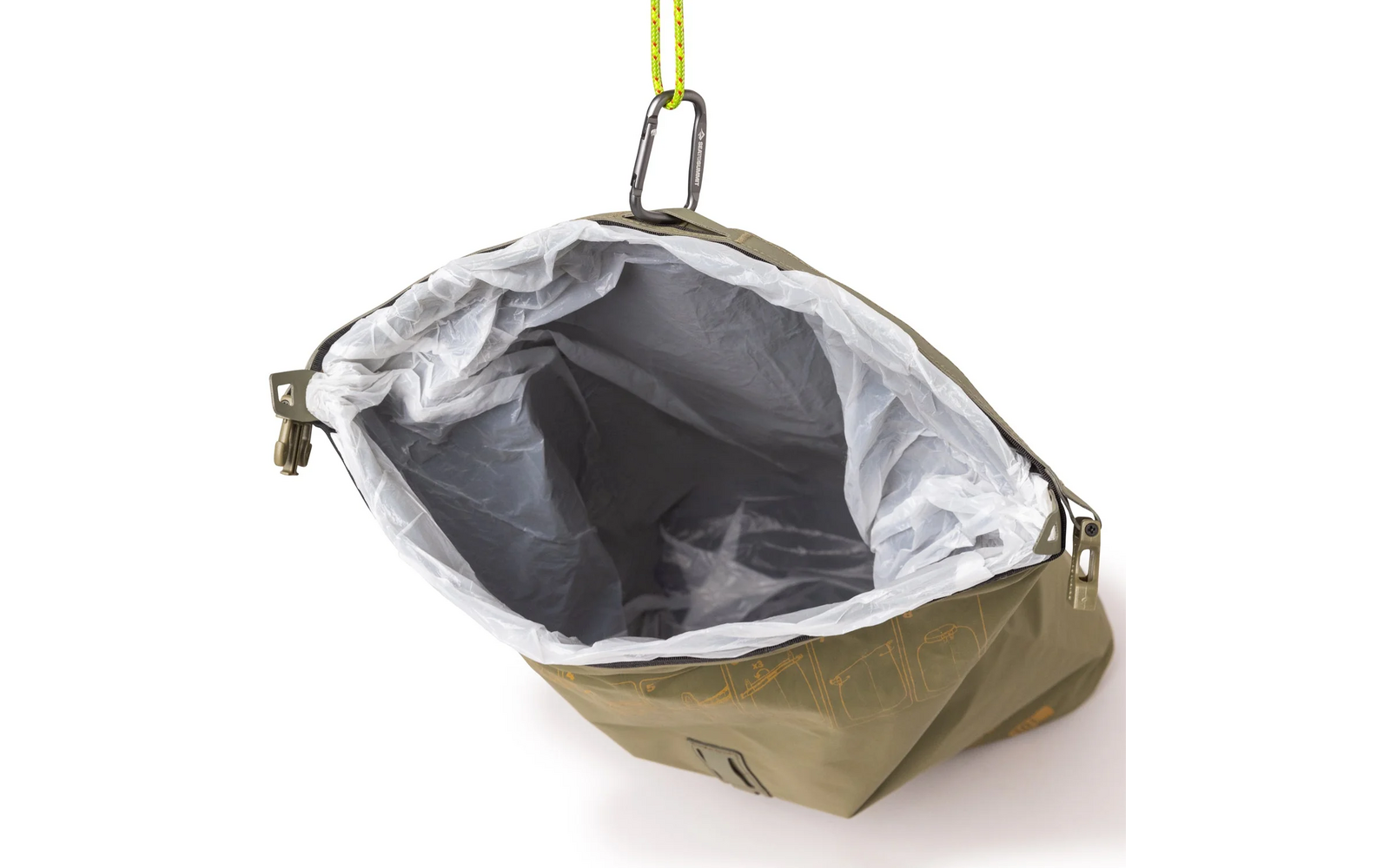 Sac olive ouvert avec doublure intérieure blanche visible, mousqueton attaché à une cordelette jaune à l'ouverture
