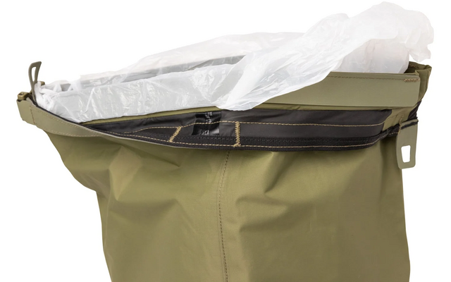 Sac vert olive à ouverture supérieure, doublure plastique blanche à l'intérieur et bord noir avec fermeture éclair