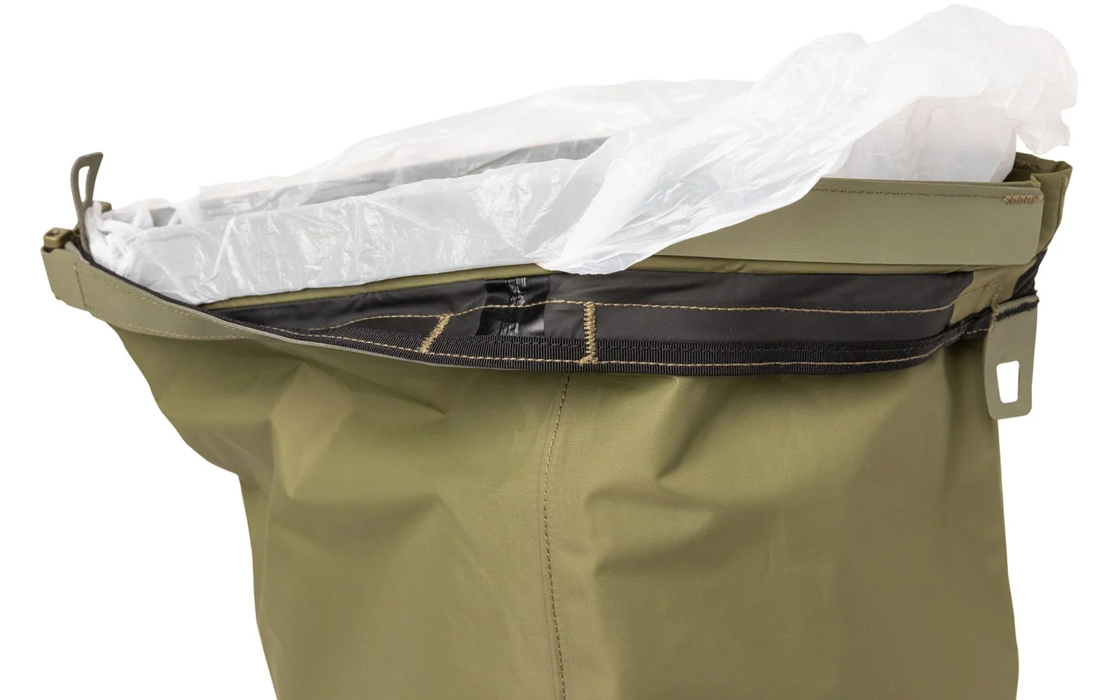 Sac vert olive à ouverture supérieure, doublure plastique blanche à l'intérieur et bord noir avec fermeture éclair