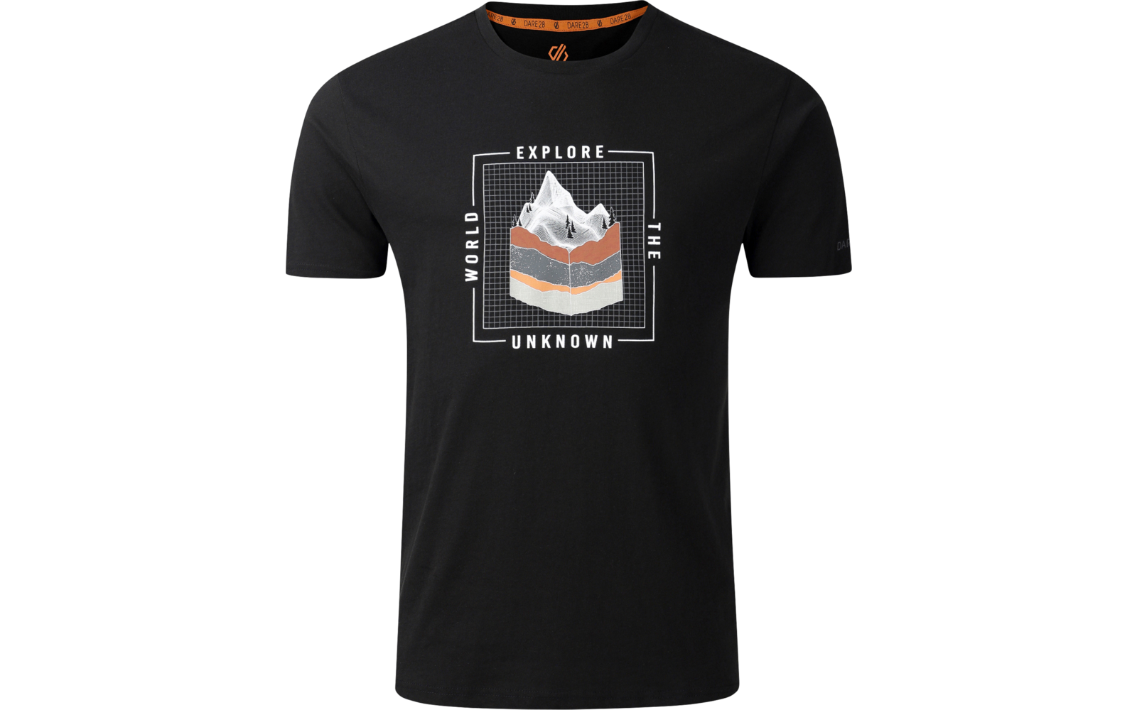 T‑shirt nero con stampa quadrata: montagne stilizzate in bianco, grigio e arancione, cornice e scritte 'EXPLORE', 'THE', 'WORLD', 'UNKNOWN'