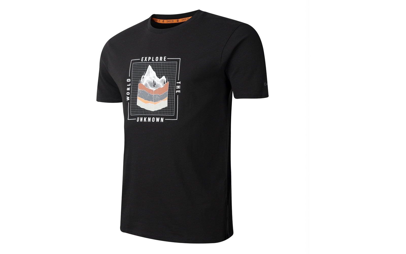 Schwarzes kurzärmeliges T‑Shirt mit rundem Ausschnitt, darauf weiße und orangefarbene Berggrafik in einem quadratischen Rahmen und dem Text "EXPLORE THE UNKNOWN"
