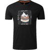 Schwarzes T‑Shirt mit quadratischem Aufdruck: stilisierte Berge in Weiß, Grau und Orange, Rahmen und Schriftzüge 'EXPLORE', 'THE', 'WORLD', 'UNKNOWN'