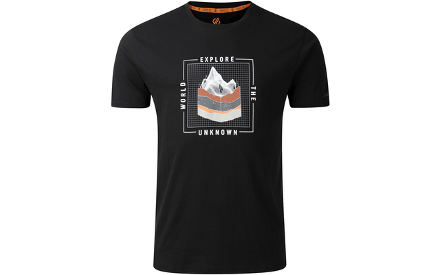 Schwarzes T‑Shirt mit quadratischem Aufdruck: stilisierte Berge in Weiß, Grau und Orange, Rahmen und Schriftzüge 'EXPLORE', 'THE', 'WORLD', 'UNKNOWN'
