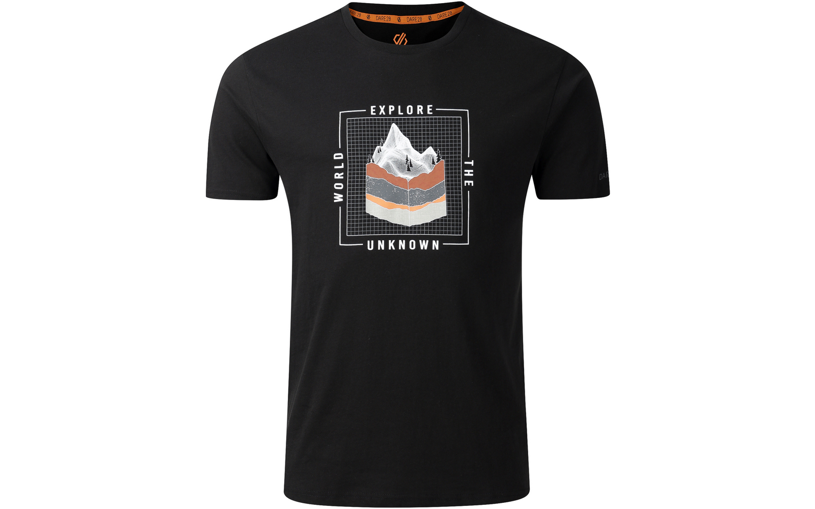 Schwarzes T‑Shirt mit quadratischem Aufdruck: stilisierte Berge in Weiß, Grau und Orange, Rahmen und Schriftzüge 'EXPLORE', 'THE', 'WORLD', 'UNKNOWN'