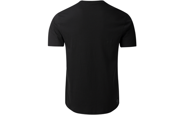 Schwarzes T-Shirt, Rückansicht, kurze Ärmel, abgerundeter Saum, kleines Logo unten rechts