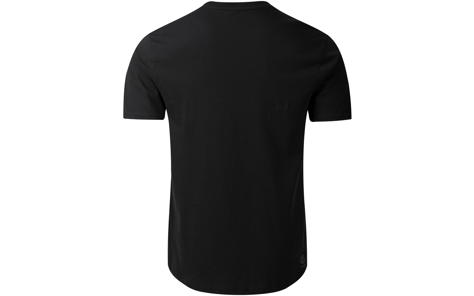 Schwarzes T-Shirt, Rückansicht, kurze Ärmel, abgerundeter Saum, kleines Logo unten rechts