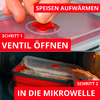 Zweigeteiltes Bild. Oben: Hand öffnet rotes Ventil auf transparentem Deckel einer roten rechteckigen Kunststoffdose; rote Schriftzüge 'SPEISEN AUFWÄRMEN' und 'SCHRITT 1 VENTIL ÖFFNEN'. Unten: dieselbe Dose mit leicht geöffnetem Deckel in einer Mikrow