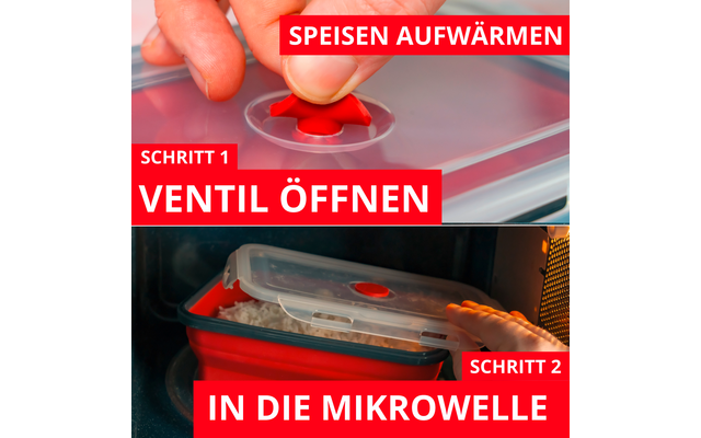 Zweigeteiltes Bild. Oben: Hand öffnet rotes Ventil auf transparentem Deckel einer roten rechteckigen Kunststoffdose; rote Schriftzüge 'SPEISEN AUFWÄRMEN' und 'SCHRITT 1 VENTIL ÖFFNEN'. Unten: dieselbe Dose mit leicht geöffnetem Deckel in einer Mikrow