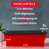 Rotes, faltbares rechteckiges Behältnis mit schwarzem Deckel vor grauem Hintergrund; rotes Banner oben mit „DEINE VORTEILE“ und den Punkten „100% BPA‑frei“, „Tiefkühlgeeignet“, „Mikrowellengeeignet“, „Platzsparend faltbar“; rechts „XL 1350 ml“; Maße