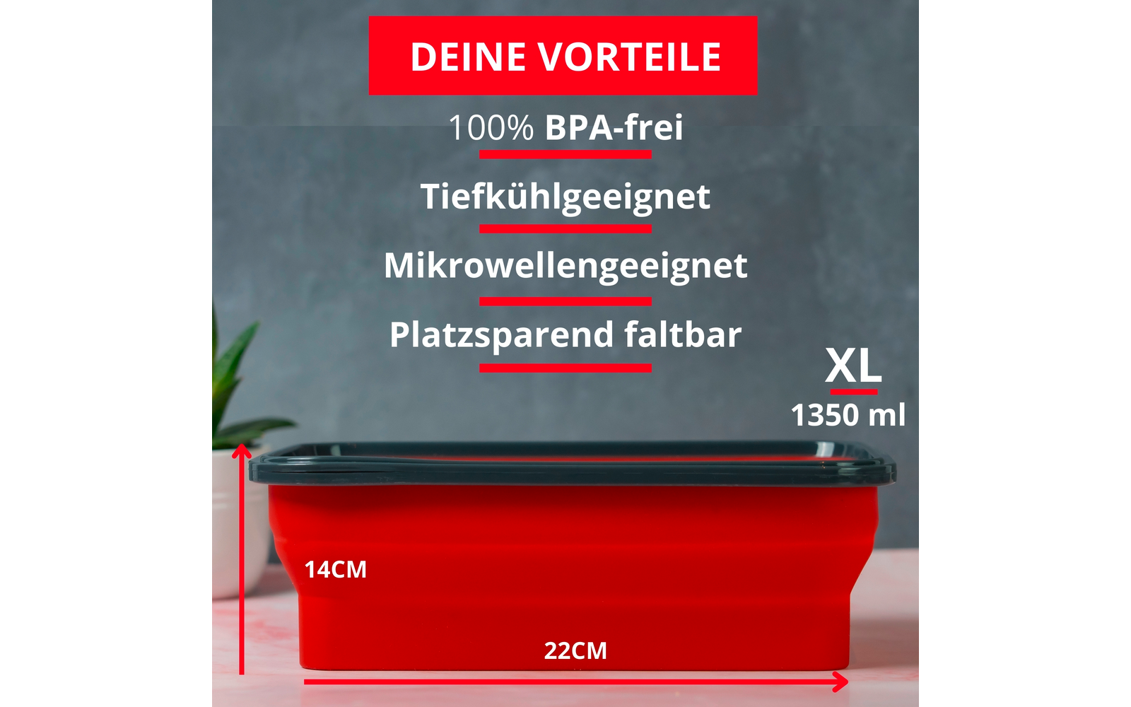 Rotes, faltbares rechteckiges Behältnis mit schwarzem Deckel vor grauem Hintergrund; rotes Banner oben mit „DEINE VORTEILE“ und den Punkten „100% BPA‑frei“, „Tiefkühlgeeignet“, „Mikrowellengeeignet“, „Platzsparend faltbar“; rechts „XL 1350 ml“; Maße
