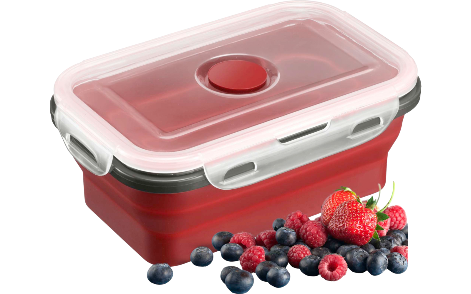 Roter rechteckiger Plastik-Frischhaltebehälter mit durchsichtigem Deckel und rundem Entlüftungsverschluss, davor Erdbeeren, Himbeeren und Blaubeeren