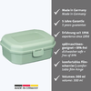 Hellgrüne rechteckige Kunststoffbox mit Deckel und vorderem Verschluss links auf weißem Hintergrund; rechts graues Feld mit weißen Häkchen und zweisprachigen Produkttexten; unten kleines "Made in Germany"-Label mit Deutschlandflagge
