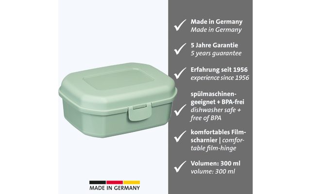 Hellgrüne rechteckige Kunststoffbox mit Deckel und vorderem Verschluss links auf weißem Hintergrund; rechts graues Feld mit weißen Häkchen und zweisprachigen Produkttexten; unten kleines "Made in Germany"-Label mit Deutschlandflagge