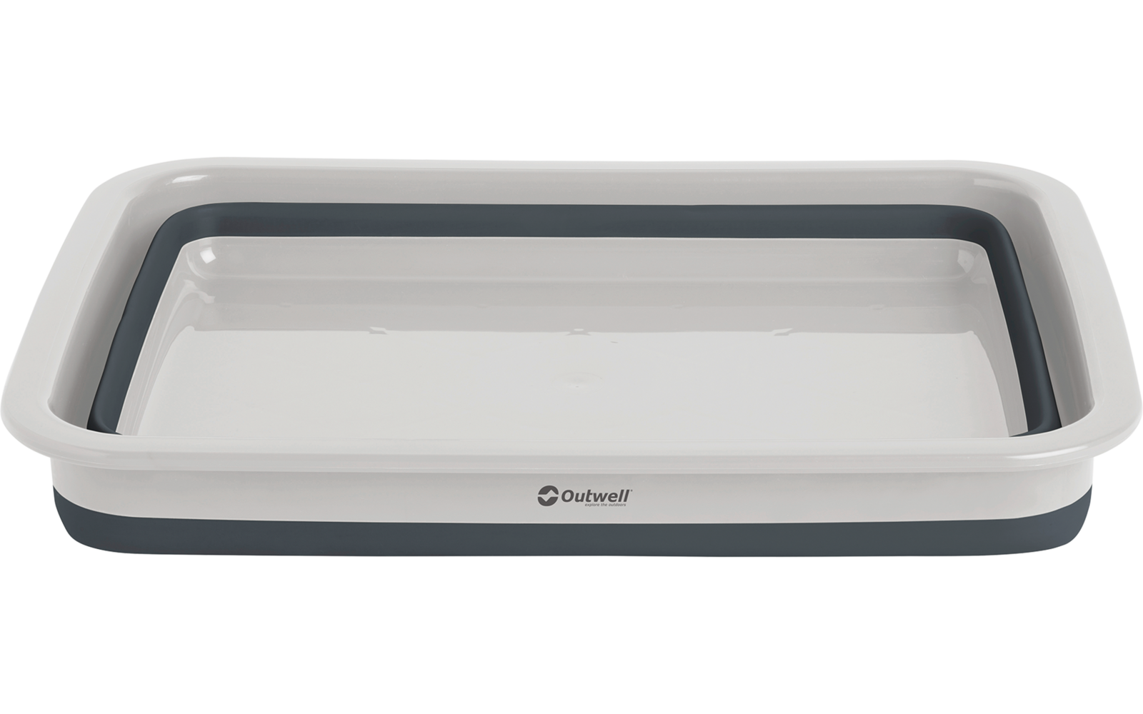 Wit-grijs, rechthoekig, opvouwbaar kunststofbak met zichtbaar Outwell-logo aan de voorkant