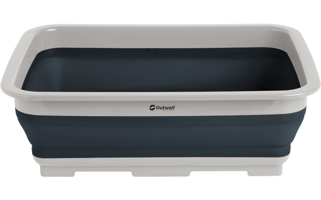 Rechthoekig opvouwbaar kunststof bassin met witte rand en donkergrijze, getrapte zijkanten op witte achtergrond