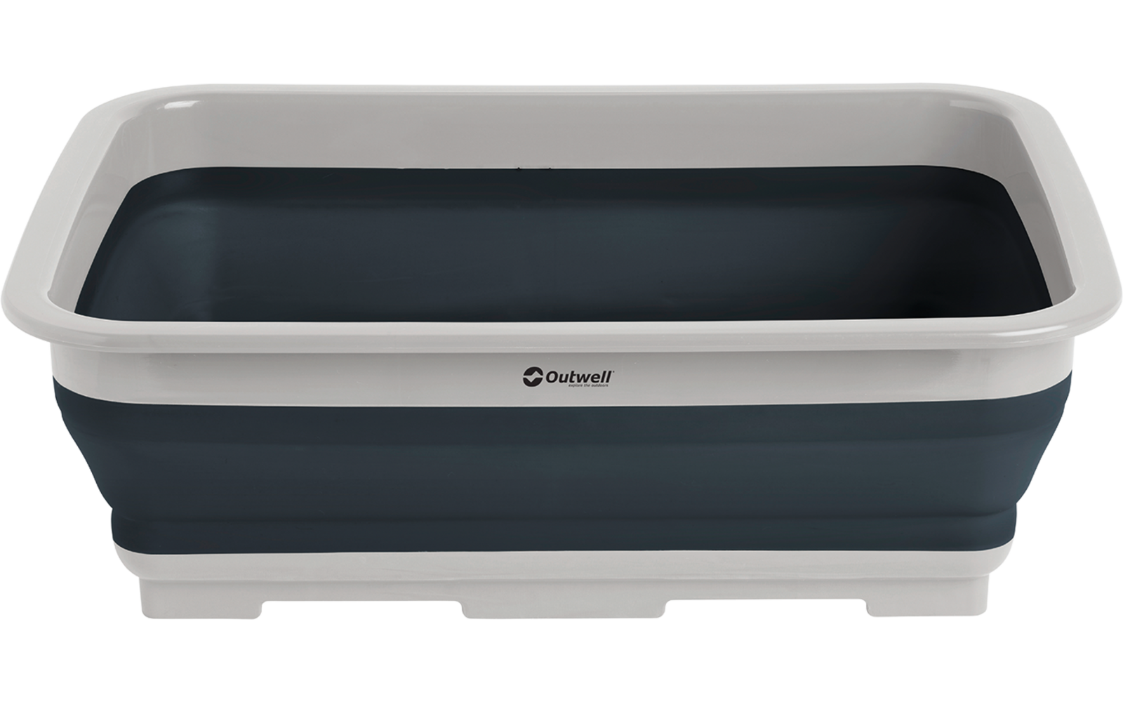 Rechthoekig opvouwbaar kunststof bassin met witte rand en donkergrijze, getrapte zijkanten op witte achtergrond