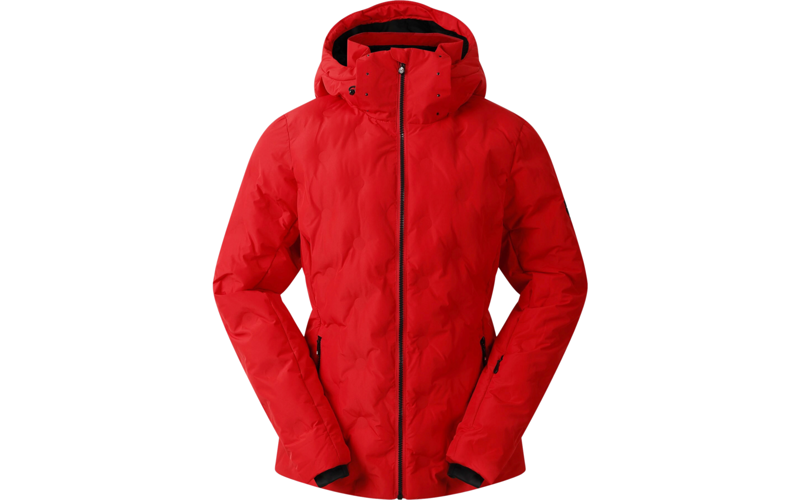 rote gesteppte Jacke mit Kapuze und Reißverschlüssen