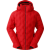 rote gesteppte Jacke mit Kapuze und Reißverschlüssen