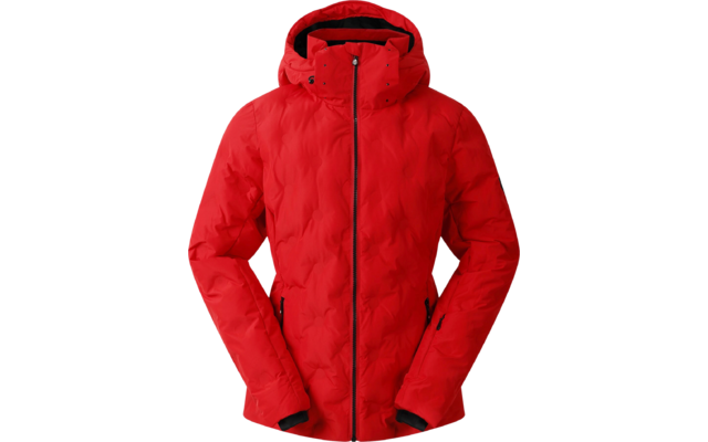 rote gesteppte Jacke mit Kapuze und Reißverschlüssen