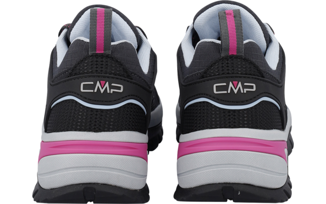 Coppia di scarpe nere, vista posteriore, loghi CMP bianchi, strisce rosa su tallone e suola, dettagli azzurri, intersuola grigia