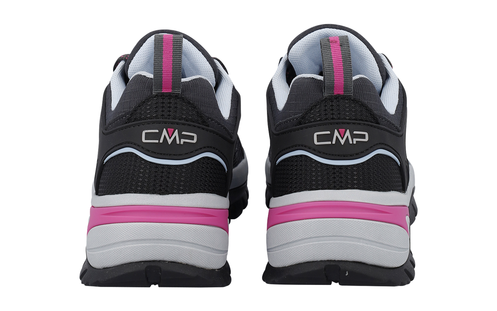 Coppia di scarpe nere, vista posteriore, loghi CMP bianchi, strisce rosa su tallone e suola, dettagli azzurri, intersuola grigia