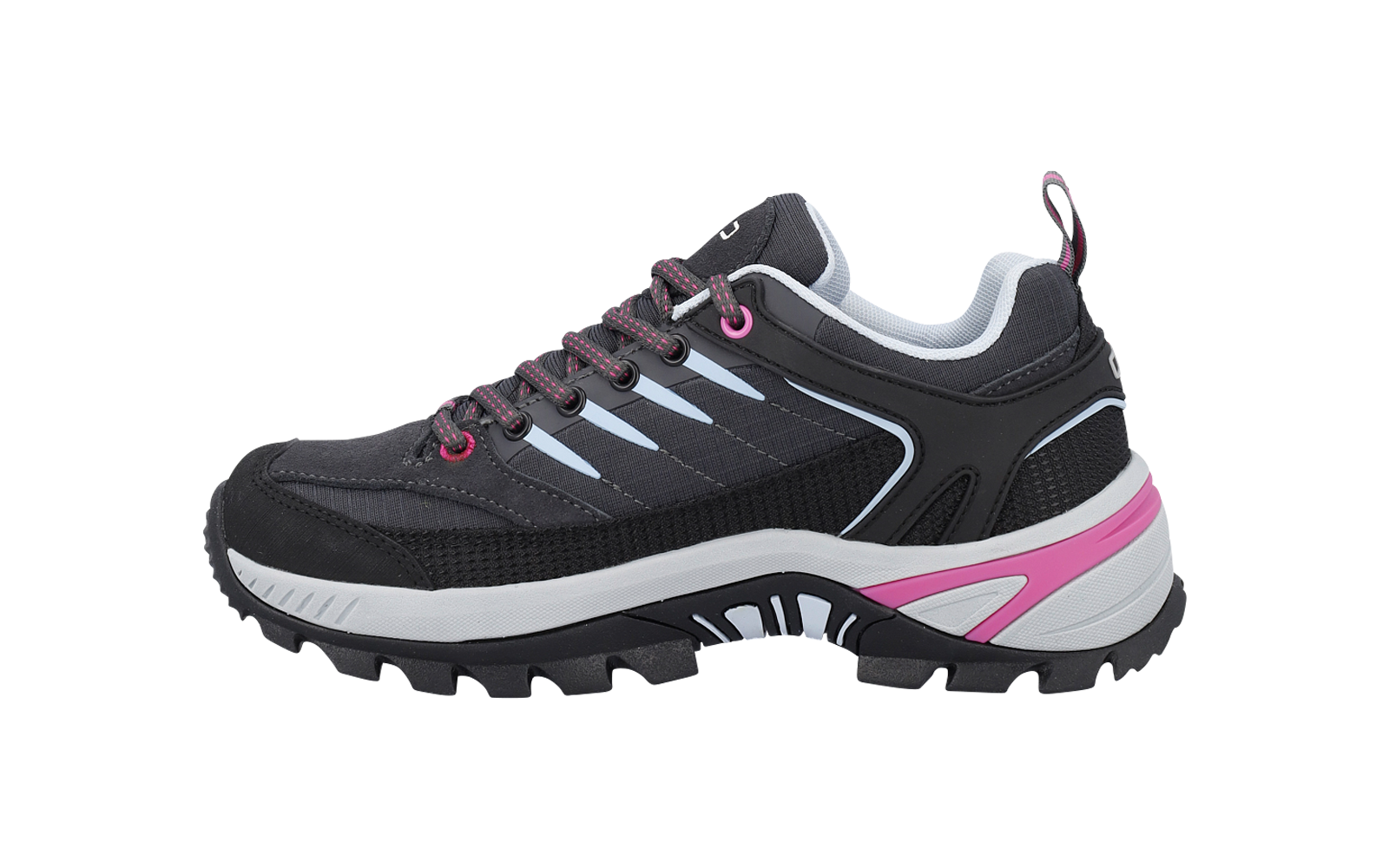 Vista laterale di una scarpa scura con suola scolpita nera, intersuola bianca, strisce azzurro chiaro, dettagli rosa, lacci e un'asola sul tallone