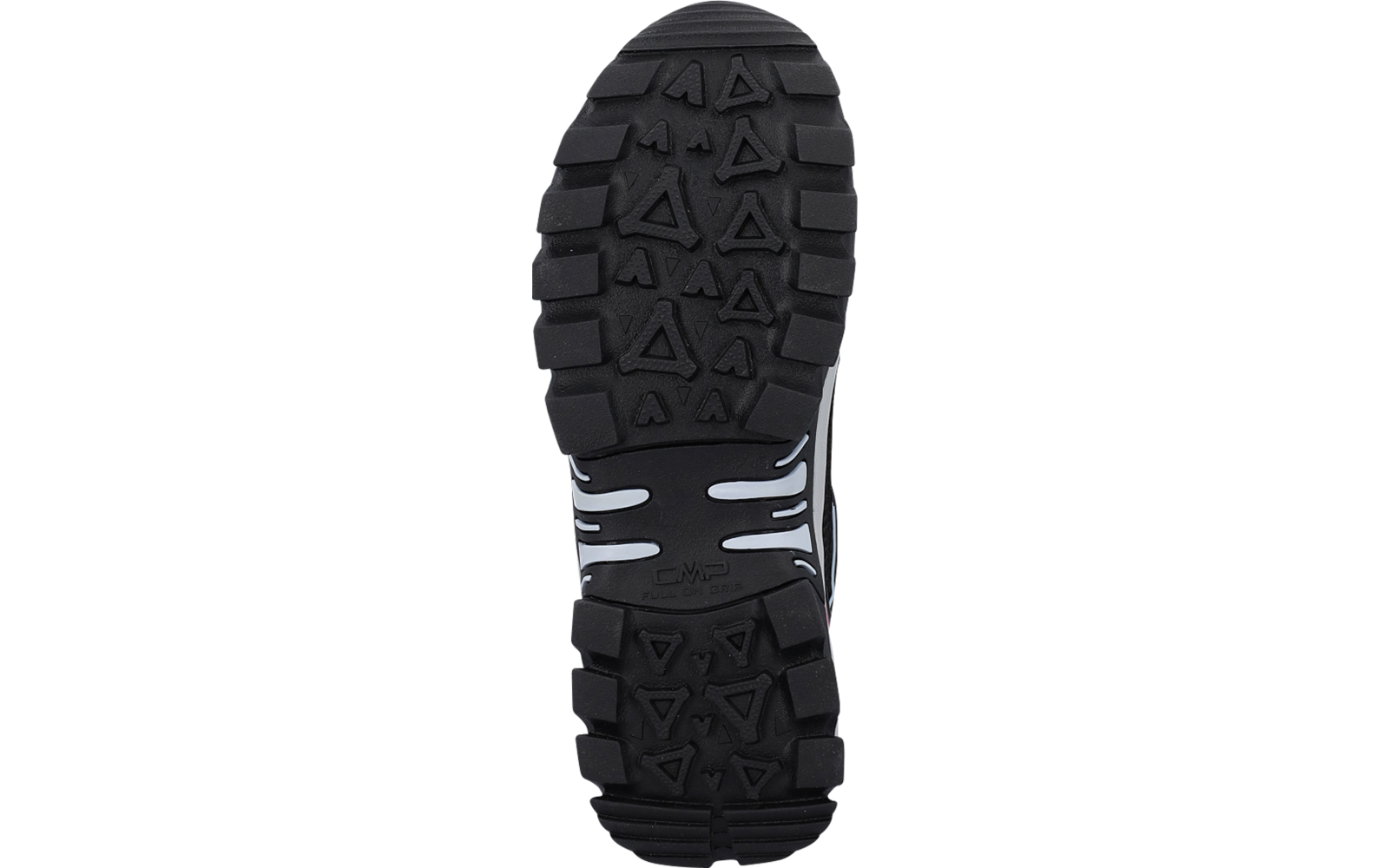 Parte inferiore di una suola nera con battistrada a tasselli triangolari e rettangolari e tre strisce bianche sulla suola centrale