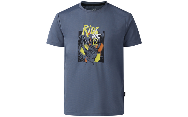 Blau-graues T-Shirt mit großem Frontprint: Schriftzug "RIDE THE WAVE", Hand mit ausgestrecktem Zeige- und kleinem Finger, gelbe und orange Farbspritzer vor dunklem wellenförmigem Hintergrund