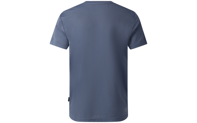 Rückenansicht eines kurzärmligen blauen Shirts mit Rundhalsausschnitt, feiner Mesh-Textur, Seitensaum-Label und kleinem Logo am rechten unteren Saum