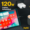 Tablet auf einem Tisch mit Ladegerät und Text „120W Laptop-kompatibel“